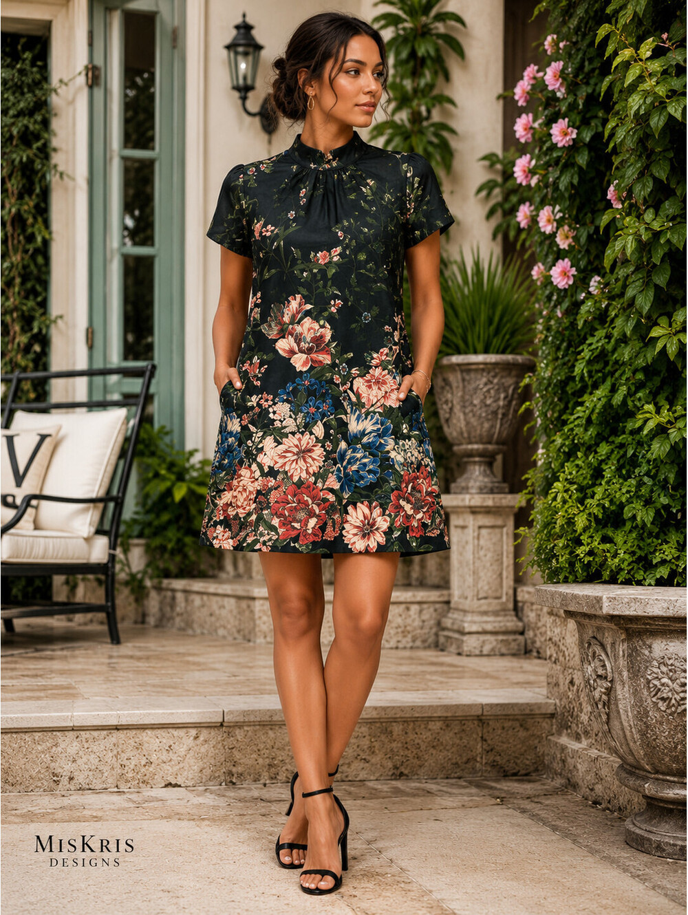 Lavender Brown Yara Dress Black Multi Floral Tie Neck Shift Dress Size M NWT Ca